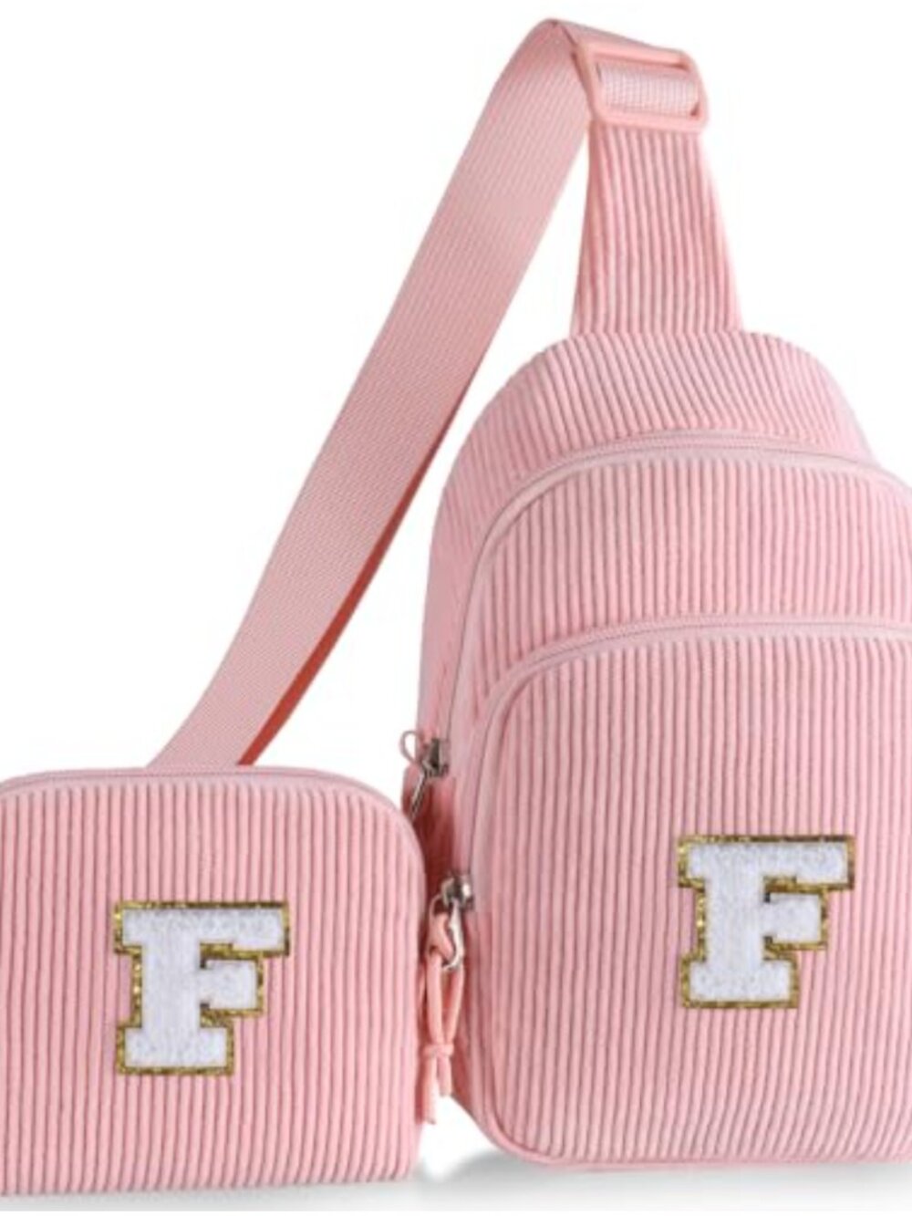Kids Crossbody Sling Bag with Initial Letter Patch - Corduroy Fanny Pack Waist